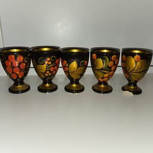 VTG Russian Khokhloma Wooden Egg cups 5 hand painted folk art